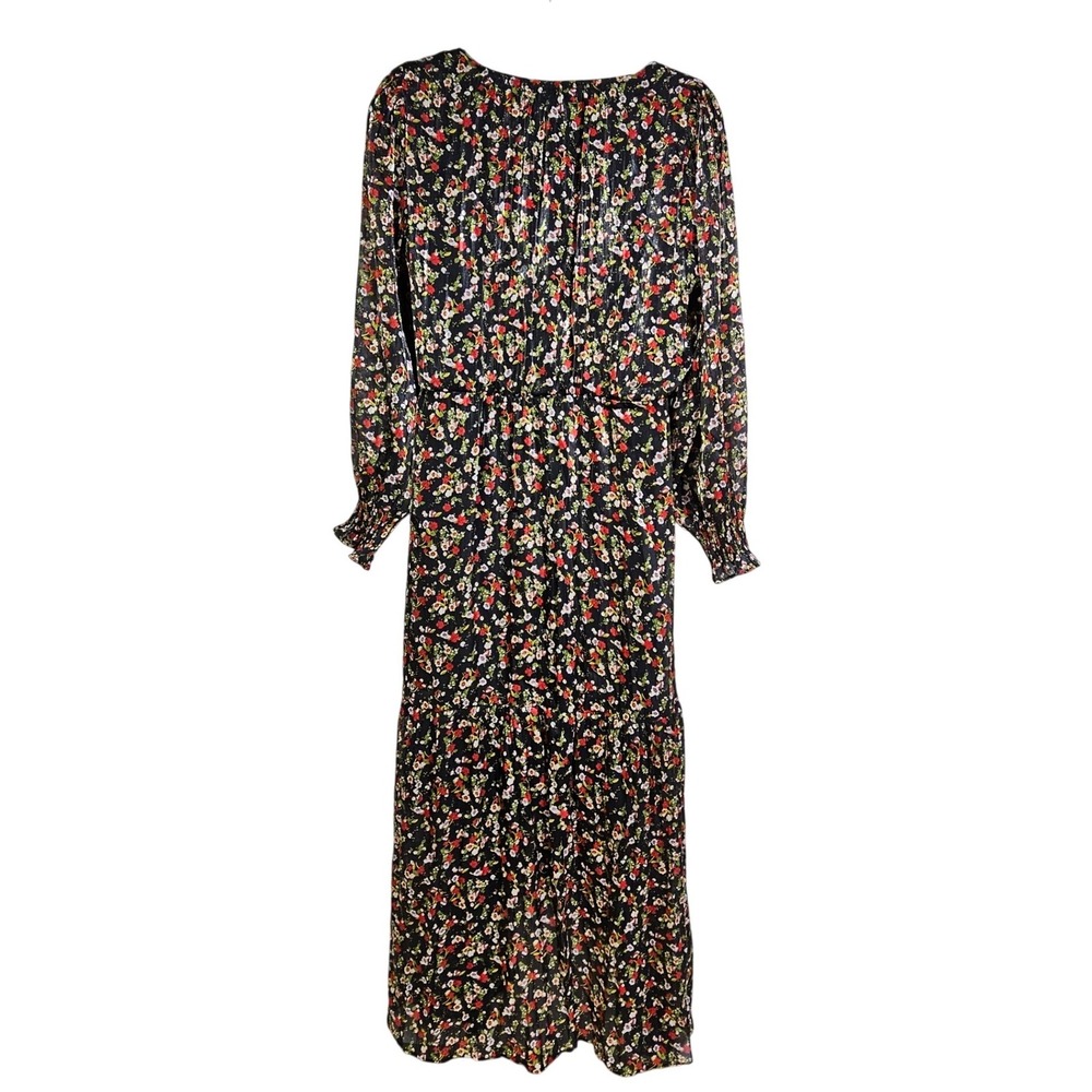 Lauren Conrad Black Floral Pleated Wrap Midi Dress XL Boho Shimmer Cottagecore - Picture 5 of 11